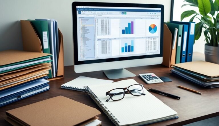 Desk with computer displaying charts, files, glasses, and calculator
