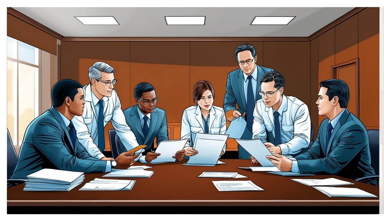 A group of investigators reviewing documents and discussing findings in a conference room