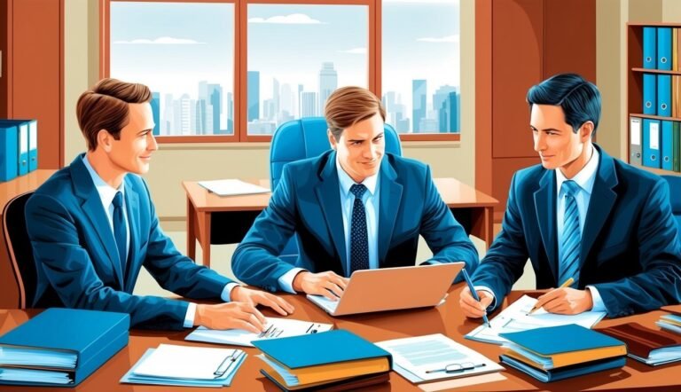 Three businessmen in suits at a table with a laptop and documents