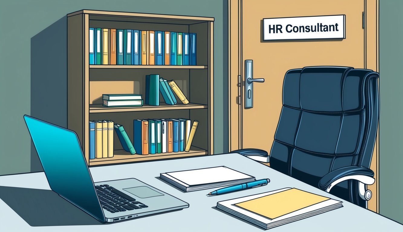 An office desk with a laptop, pen, and paper.</p><p>A bookshelf with HR-related books.</p><p>A professional-looking chair and a sign with "HR Consultant" on the door