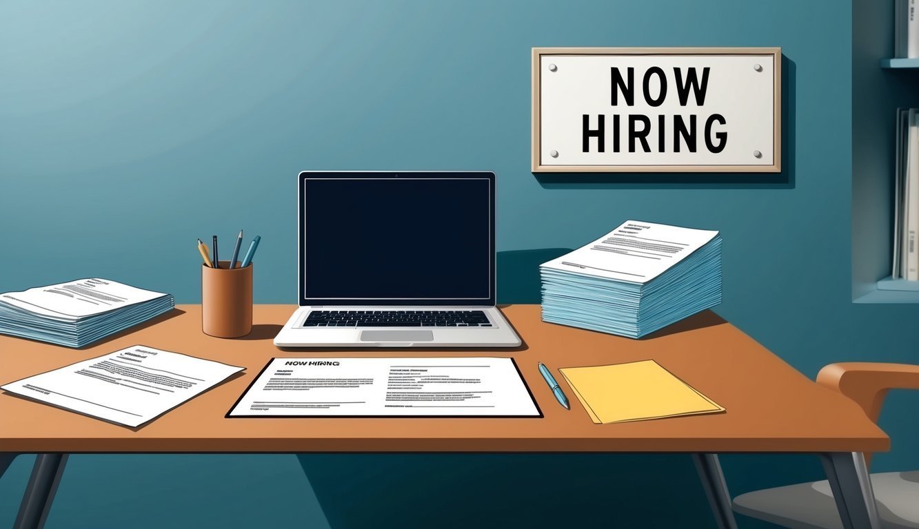Desk with laptop, papers, pens, and "Now Hiring" sign on wall