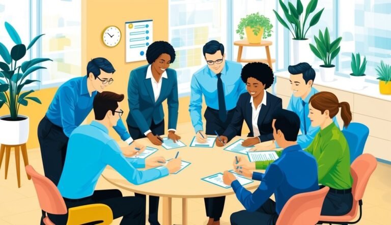 Business team signing documents around a round table in an office