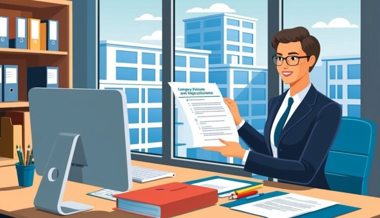 Businesswoman holding "Company Policies" document in office with cityscape view