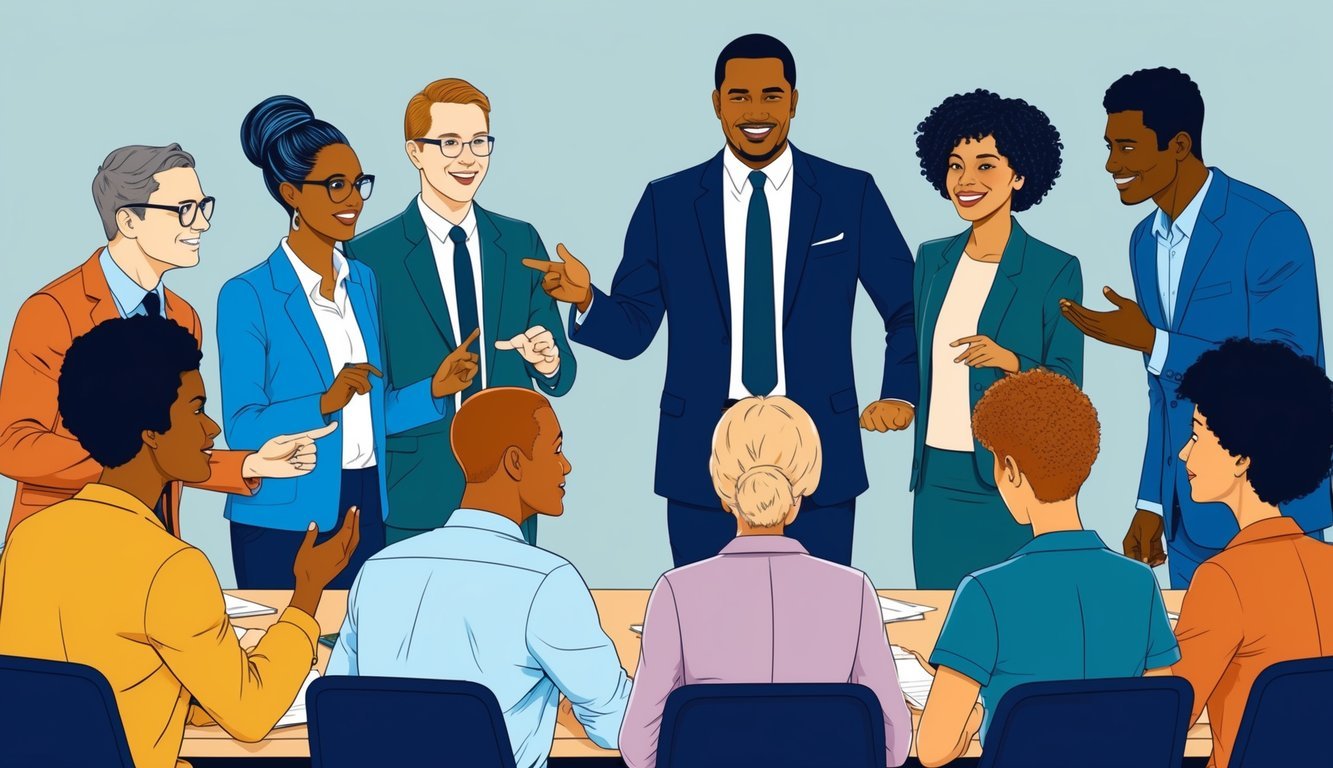 A group of diverse individuals engage in a lively discussion, gesturing and making eye contact, while a leader stands confidently at the front