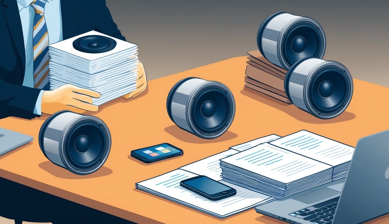 A group of Hr speakers on a table, with a stack of papers and a laptop nearby