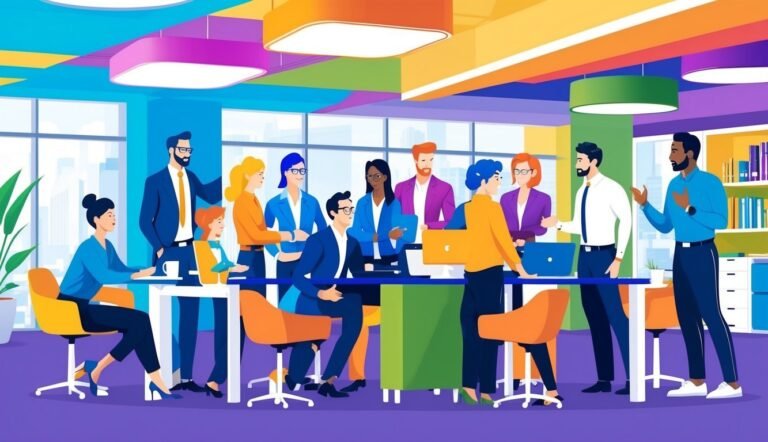 Diverse group of people in a colorful office setting, collaborating at a table