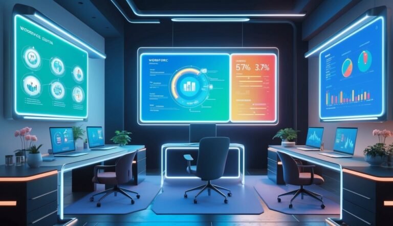 Modern office with glowing screens displaying data and graphs