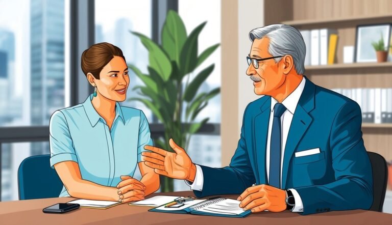 Business meeting: a man and woman in an office, discussing documents