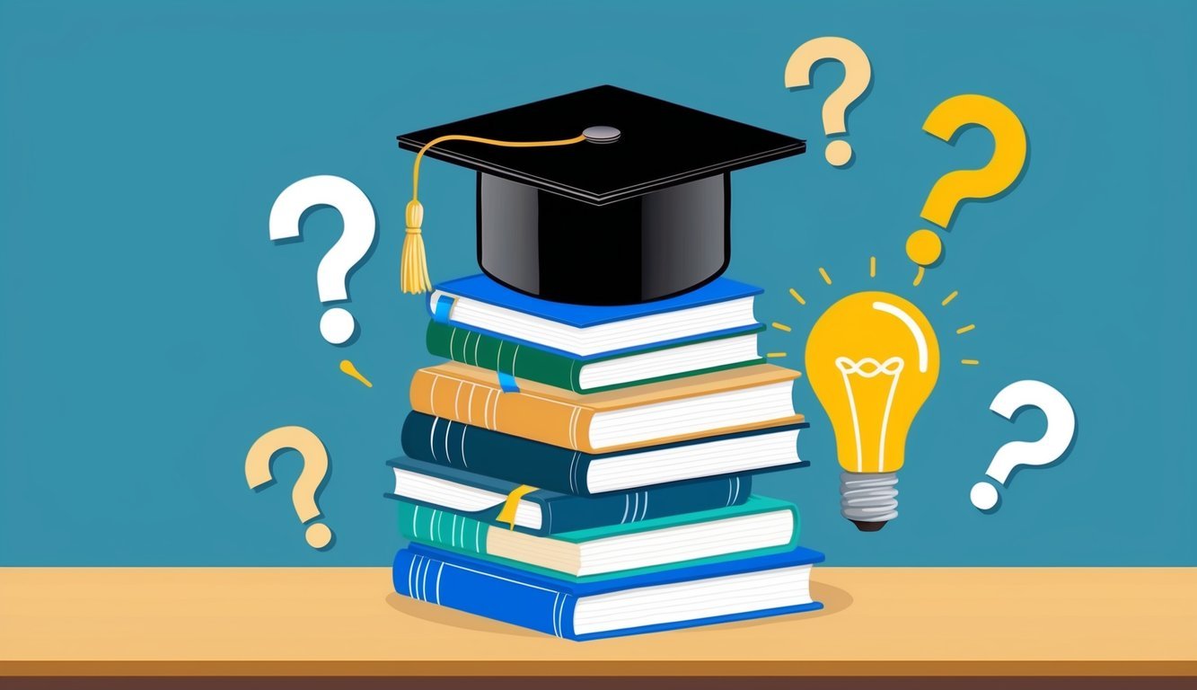 A stack of books with a graduation cap on top, surrounded by question marks and a lightbulb, representing frequently asked questions in HR education