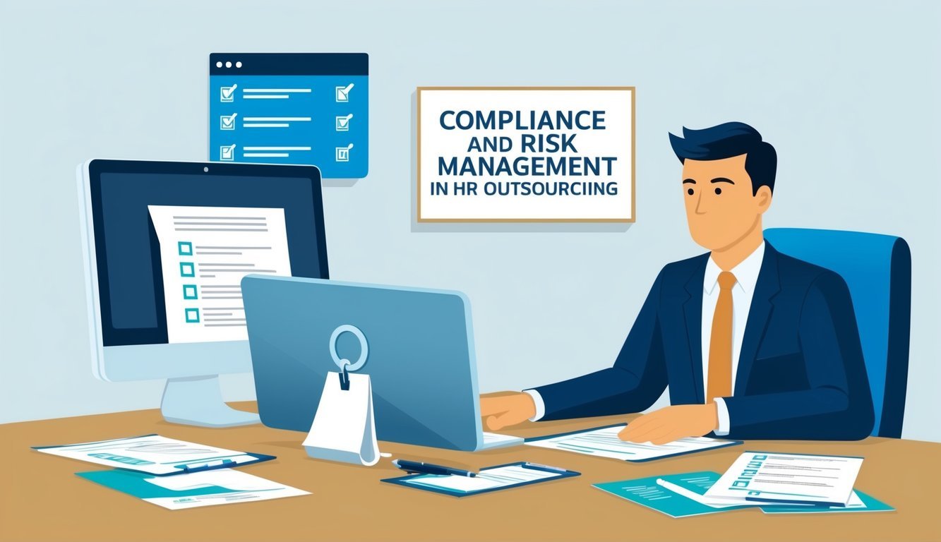 A desk with a computer, files, and a checklist.</p><p>A person in a suit reviewing documents.</p><p>A sign with "Compliance and Risk Management in HR Outsourcing" on the wall