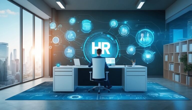 Person working at a desk in a modern HR office with digital interface