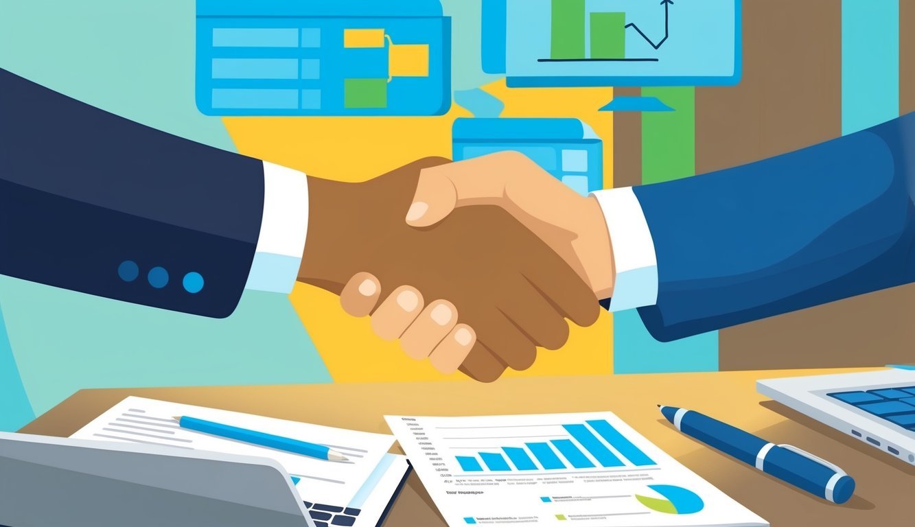 A table with a laptop, paperwork, and a pen.</p><p>A chart showing compensation and benefits.</p><p>A handshake symbolizing a business partnership