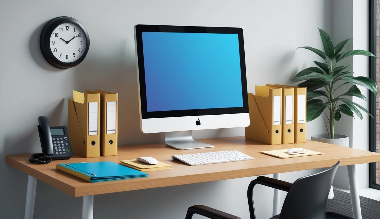 A desk with a computer, phone, and file folders.</p><p>A clock on the wall.</p><p>A plant in the corner