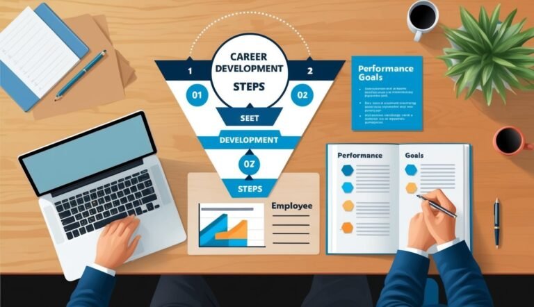 Career development steps infographic with laptop, notebook, and coffee on a wooden desk