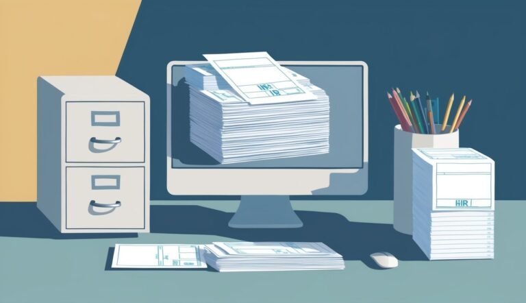 Office desk with computer, stacks of paper, filing cabinet, and pencils