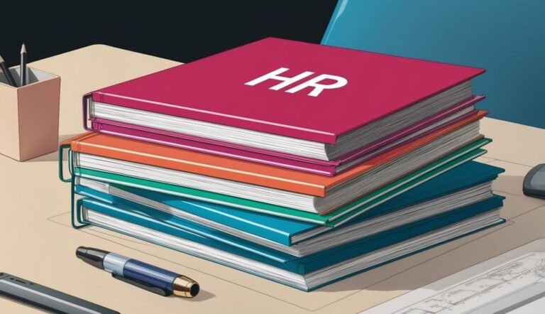 Stack of colorful HR books on a desk with pens and a pen