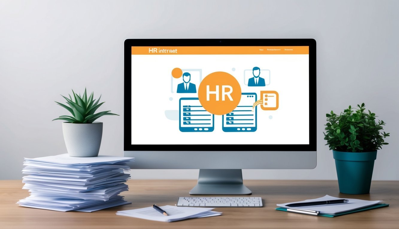 An office desk with a computer screen displaying an HR intranet page, surrounded by a stack of papers and a potted plant