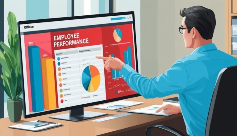 Man pointing at employee performance data on a computer screen