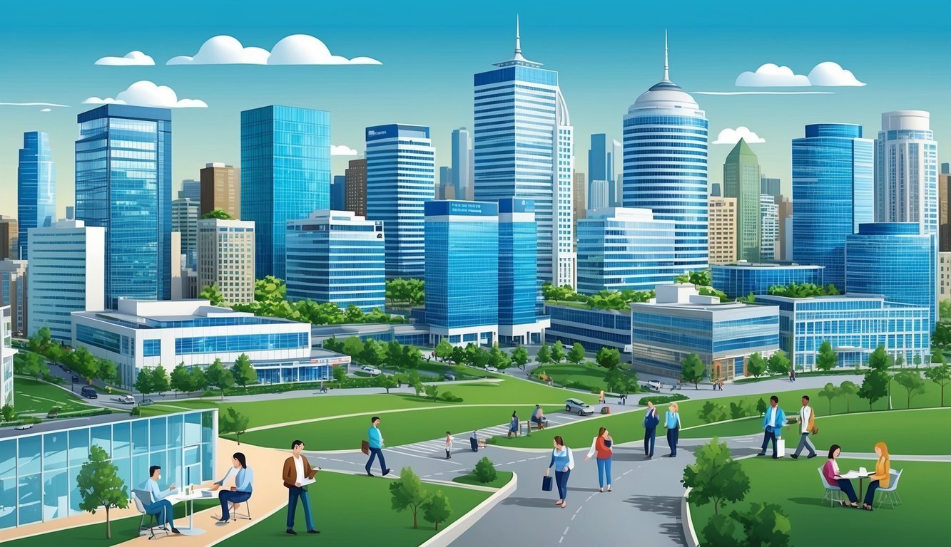 Cartoon illustration of a modern city with skyscrapers and people walking