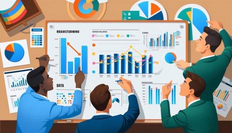 Business team brainstorming around a whiteboard with charts and graphs