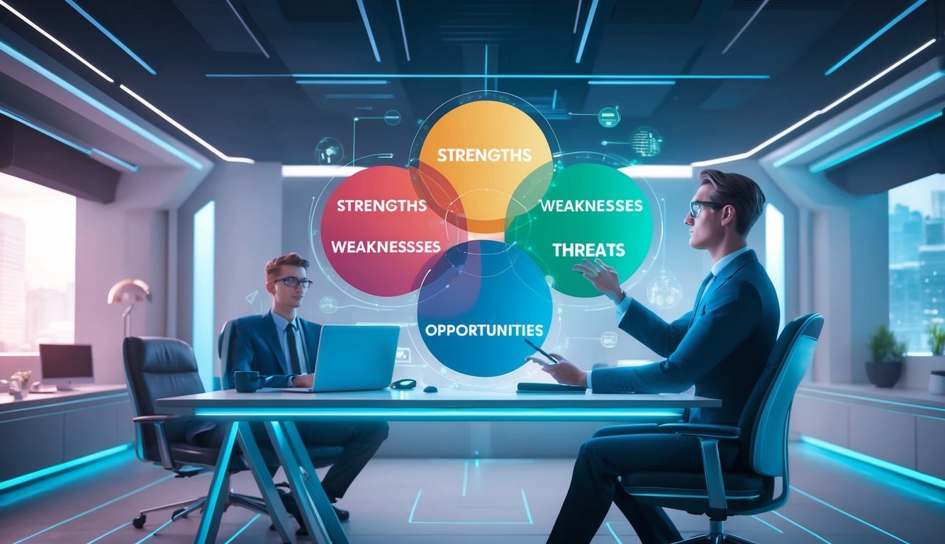 A futuristic HR professional analyzing strengths, weaknesses, opportunities, and threats in a high-tech office setting