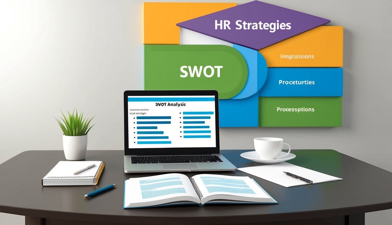 A table with a laptop, pen, and paper.</p><p>An open book on HR strategies.</p><p>A SWOT analysis chart on the wall