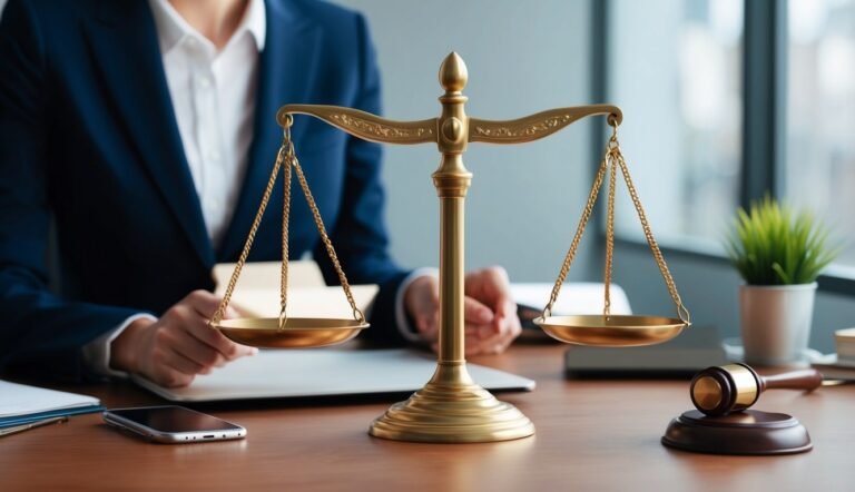 Golden scales of justice on a desk with a gavel and lawyer