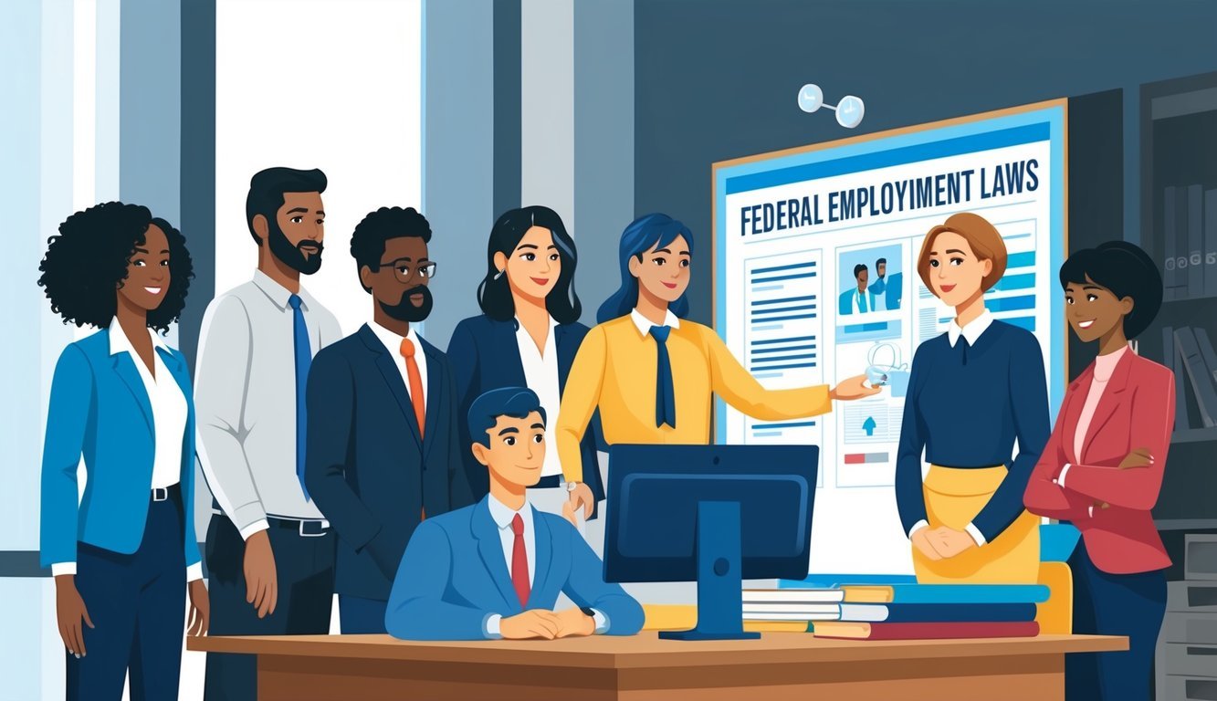 A group of diverse employees in an office setting, with a prominent poster or bulletin board displaying federal employment laws