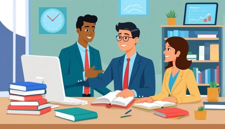 Three business people in a meeting, books and computer on the table