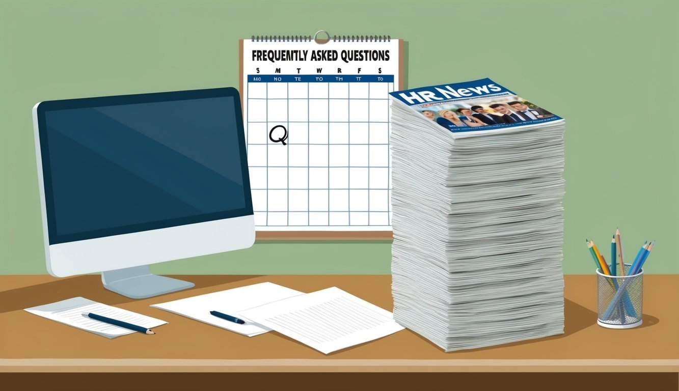 An office desk with a computer, pen, and paper.</p><p>A wall calendar with "Frequently Asked Questions" circled.</p><p>A stack of HR news magazines