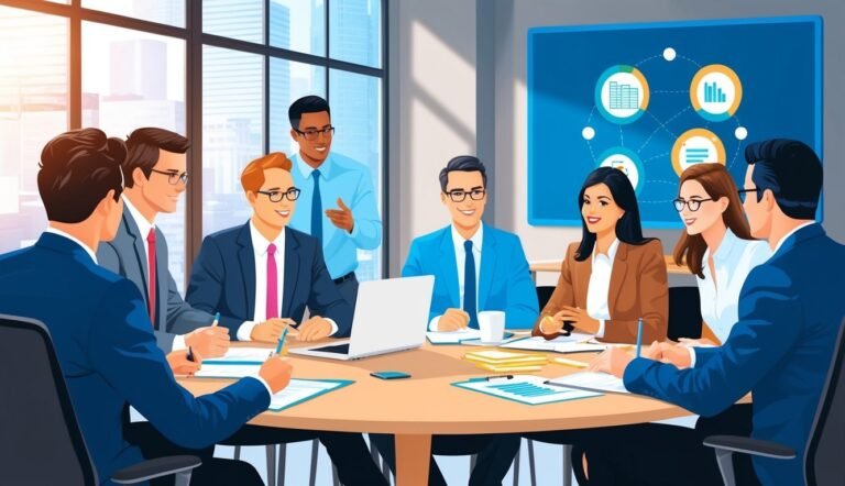 Business team in a meeting around a table with a screen