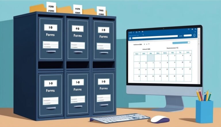 Office desk with filing cabinet, computer, keyboard, mouse, and pencils