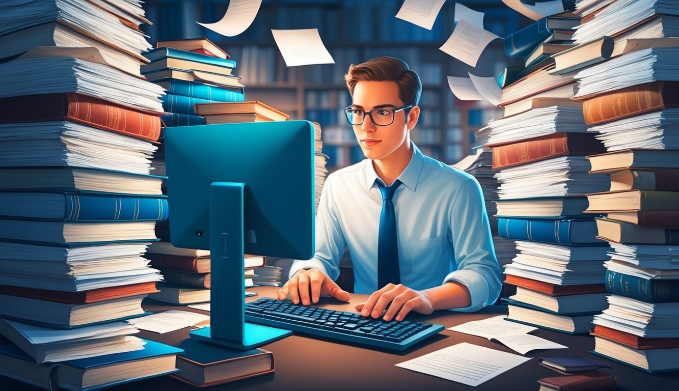 A researcher surrounded by stacks of papers and books, typing on a computer with a focused expression