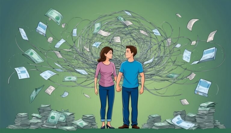 Couple holding hands, surrounded by money, bills, and tangled wires