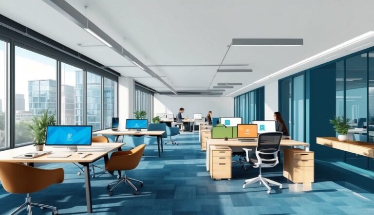 Modern office space with desks, computers, and people working