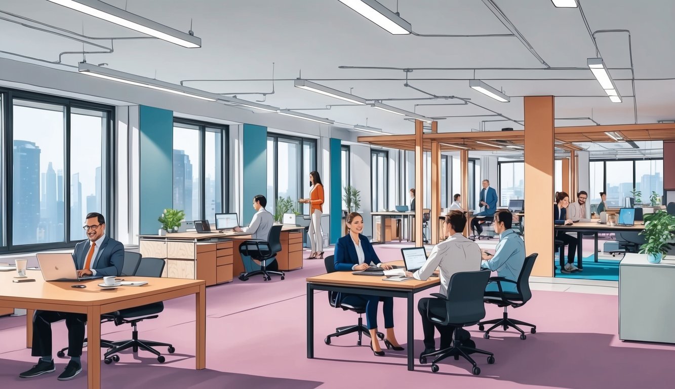 An office space with a mix of traditional desks and modern co-working areas, with people collaborating and communicating in person and virtually