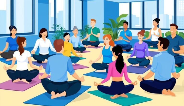 Group of people meditating in a yoga class on colorful mats