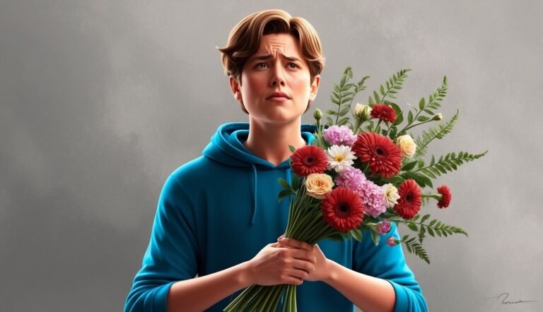 Young person in blue hoodie holding a colorful bouquet, looking up