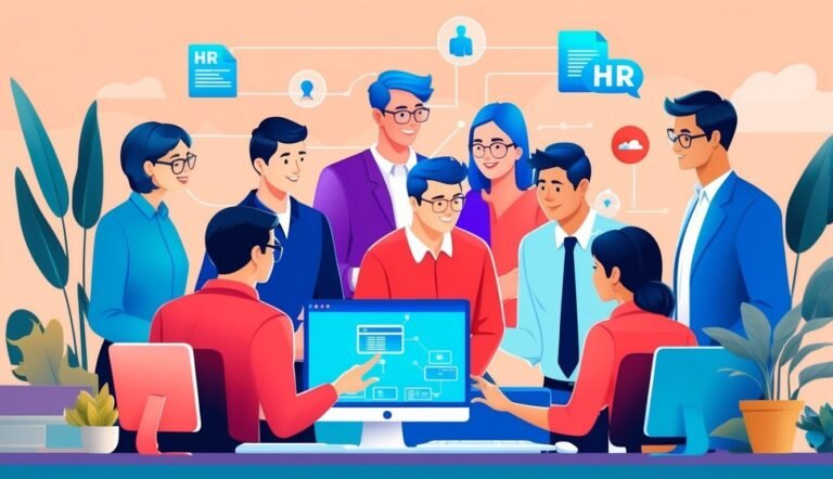 Team of people around a computer screen, HR concept