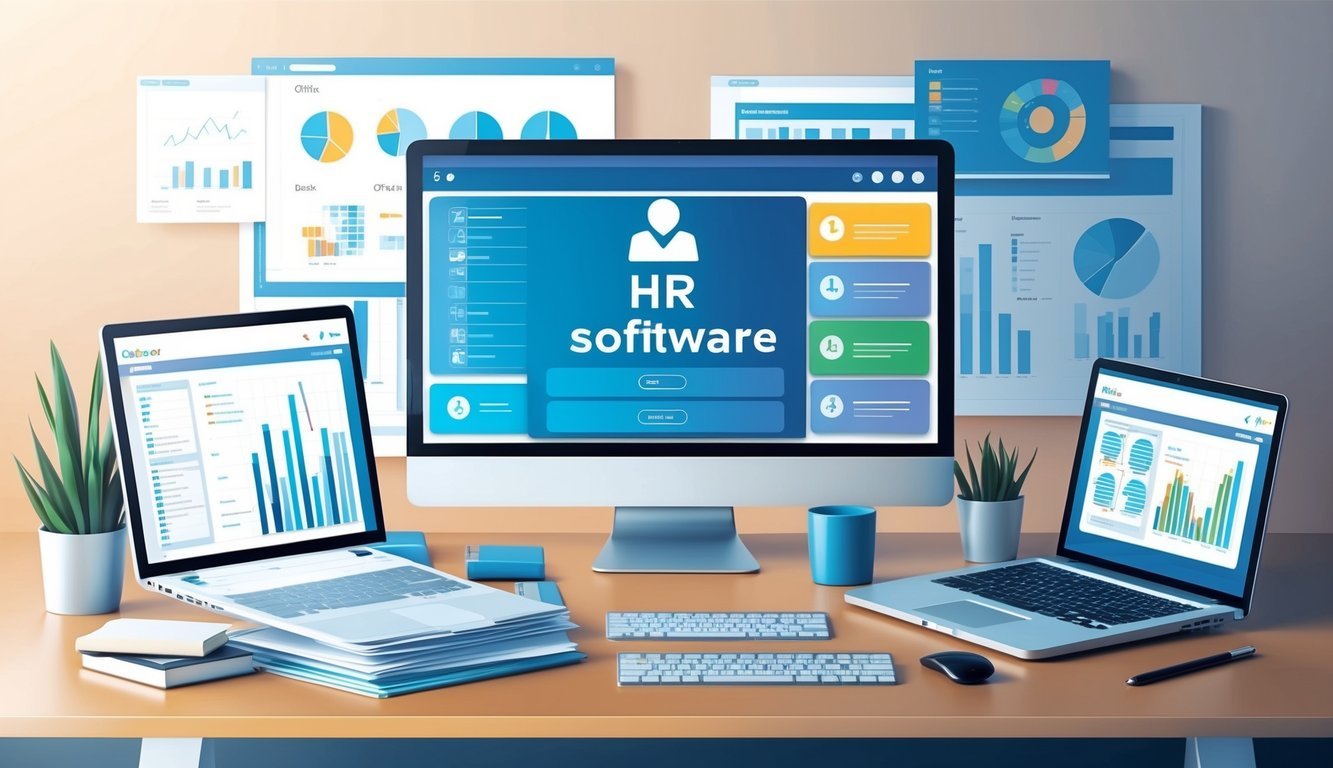 A modern office desk with a computer displaying HR software options, surrounded by charts and graphs