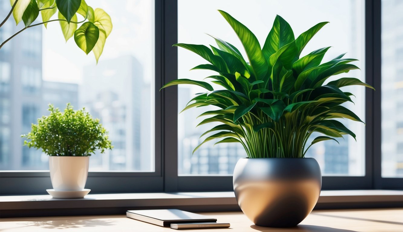 A lush office plant grows from a sleek, modern pot on a sunny windowsill, symbolizing growth and prosperity in the workplace