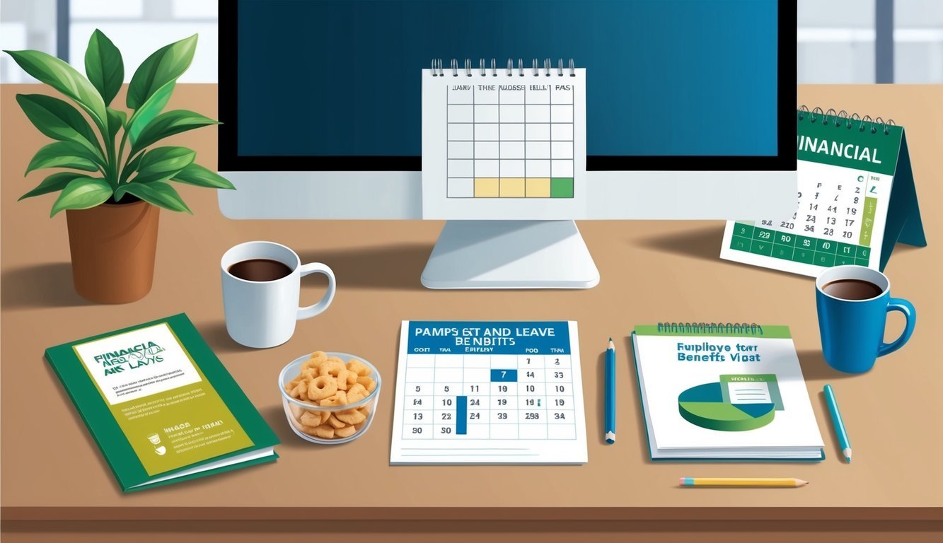 An office desk with a computer, plant, and calendar.</p><p>A pamphlet on financial and leave benefits.</p><p>A coffee mug and snacks on the desk