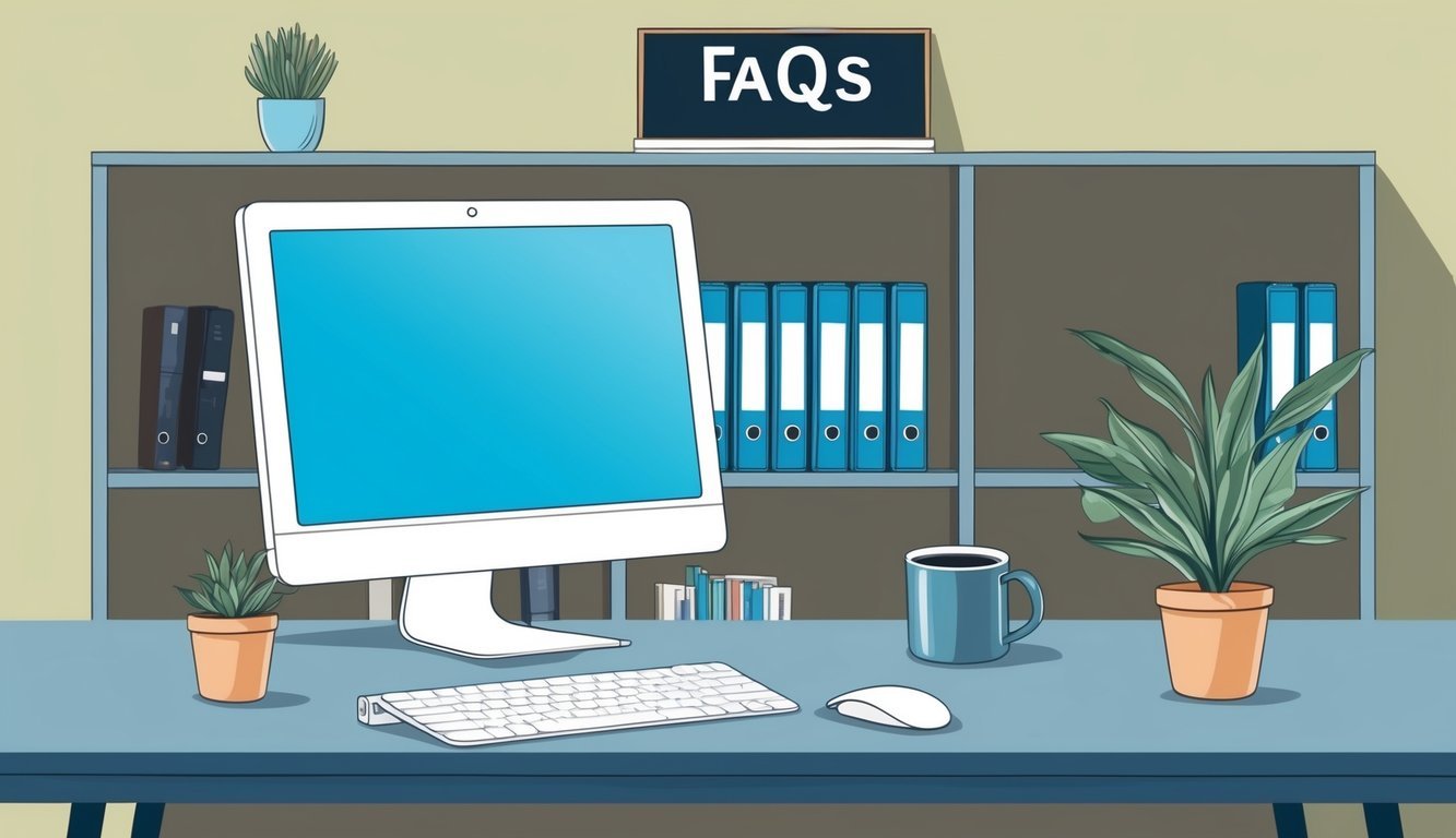 A desk with a computer, coffee mug, and potted plant.</p><p>A bookshelf with binders and a sign that says "FAQs."