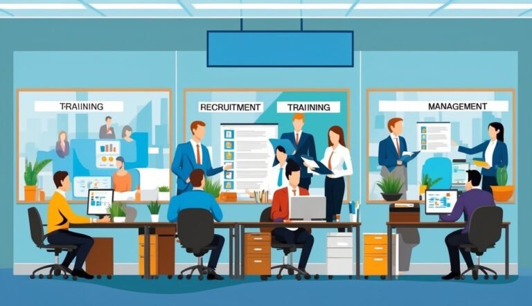 Office illustration with training, recruitment, and management sections, people working