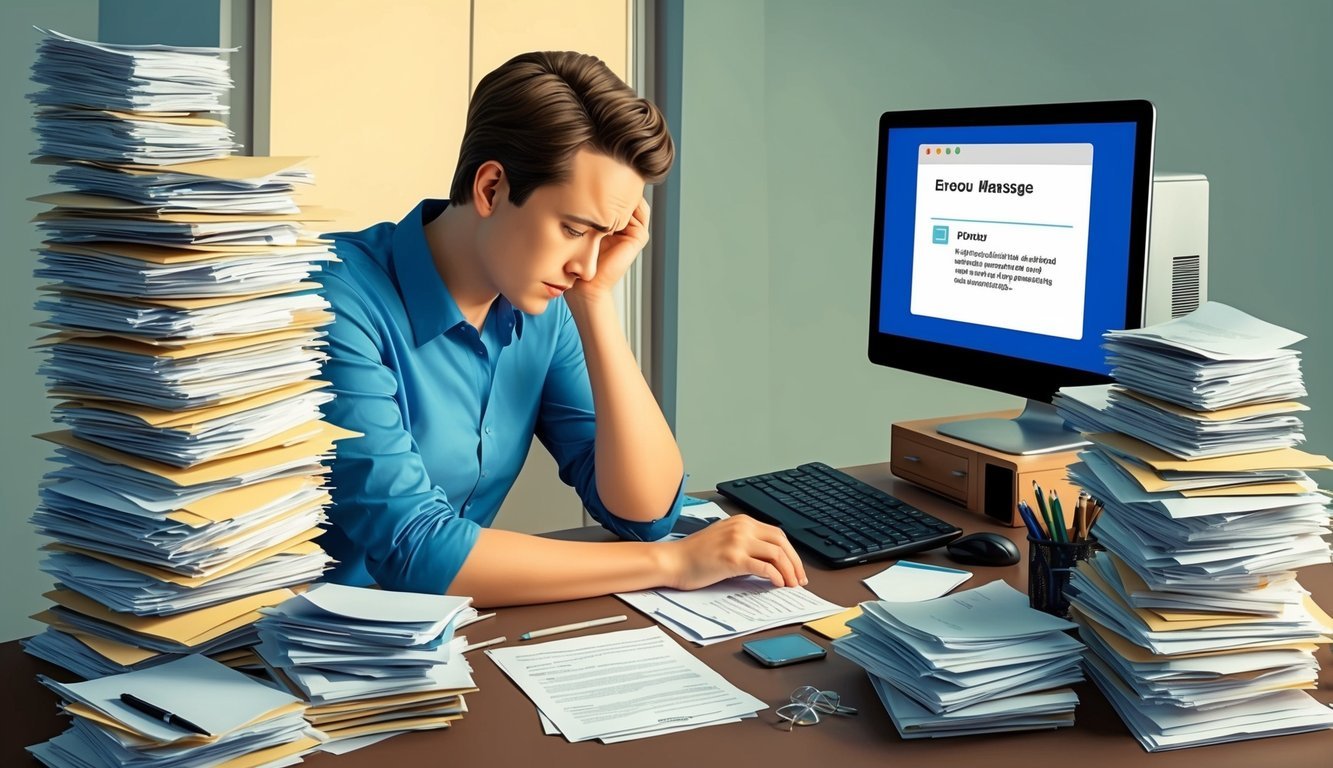 A person sitting at a cluttered desk, looking down and frowning, surrounded by stacks of paperwork and a computer screen displaying an error message