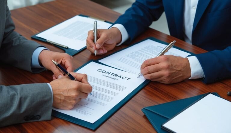 Two people in suits signing a contract on a wooden table