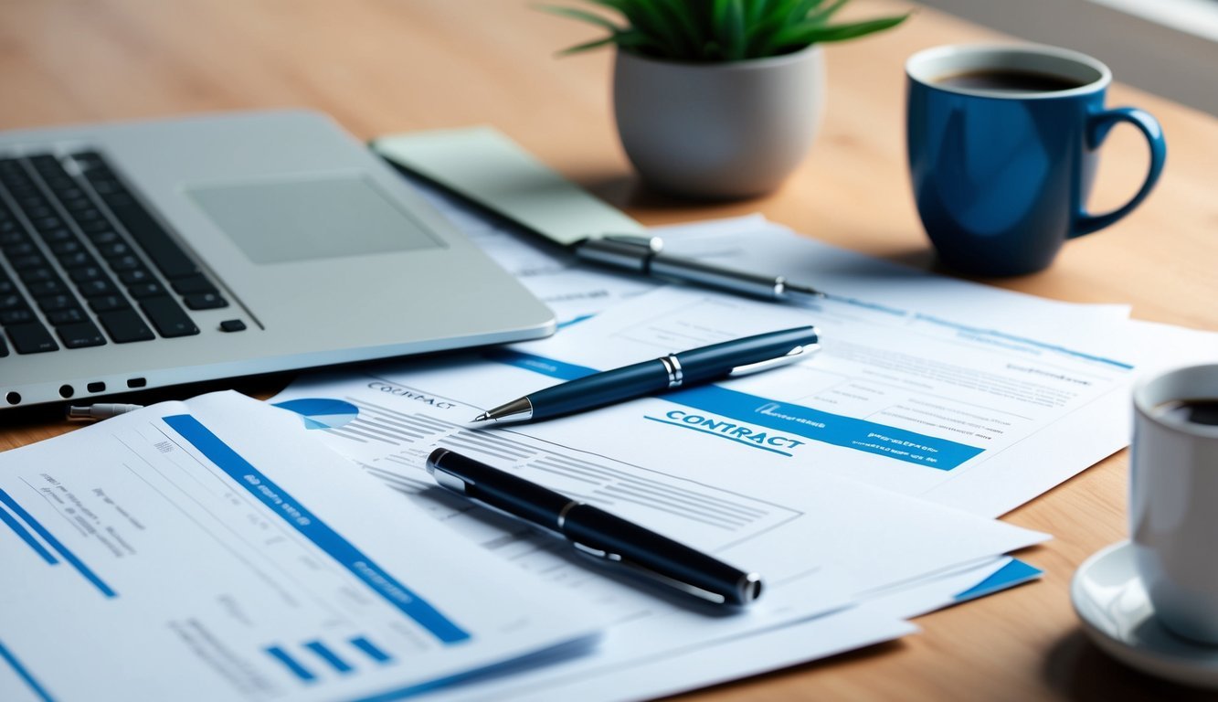 A cluttered desk with a laptop, pen, and contract papers scattered about.</p><p>A mug of coffee and a potted plant sit in the background