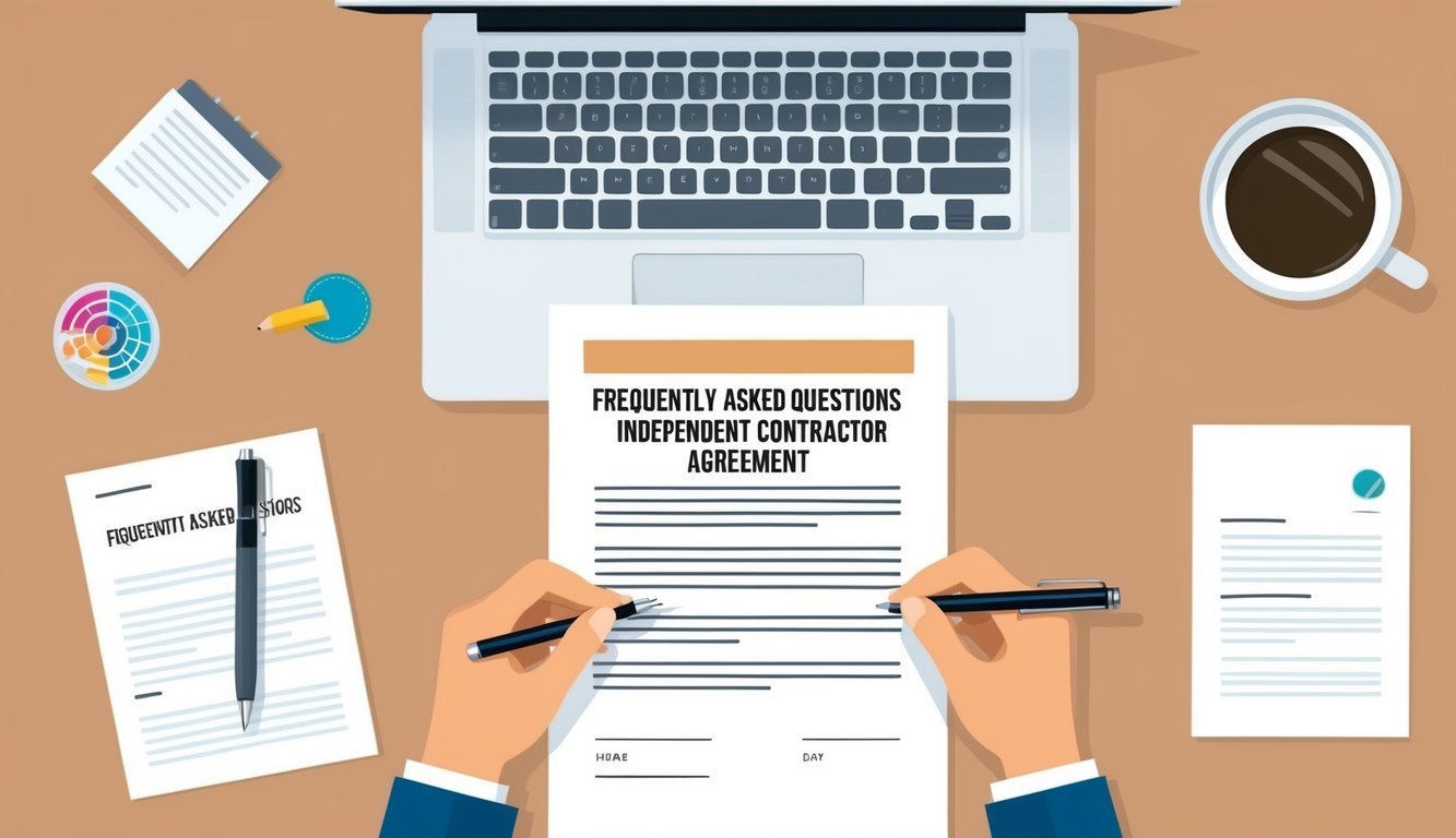 A desk with a laptop, pen, and paper.</p><p>A contract document with "Frequently Asked Questions Independent contractor agreement" at the top