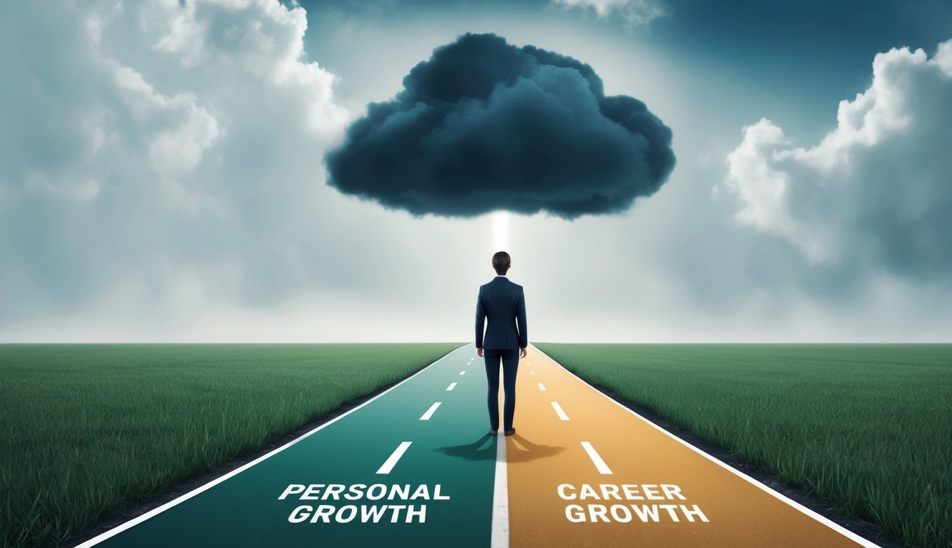 A person standing on a path with a fork in the road, one leading to personal growth and the other to career growth, with a dark cloud looming over them