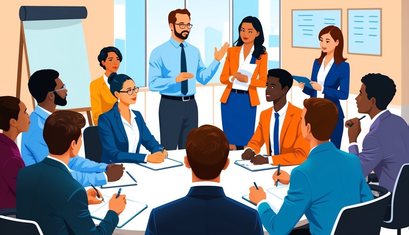 Business team in a meeting around a table, discussing ideas